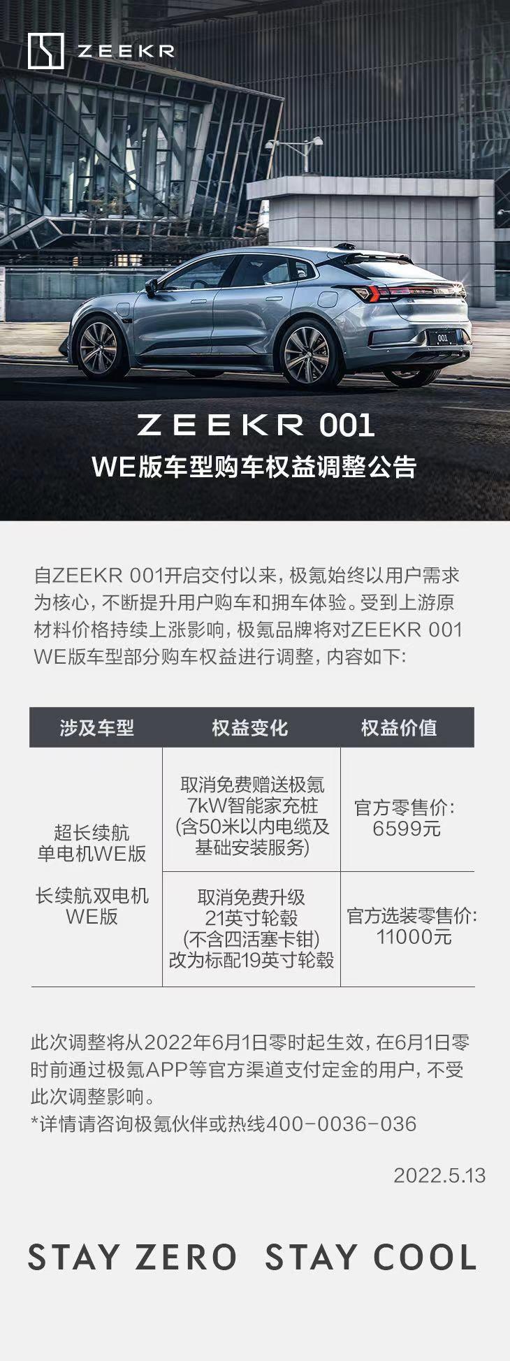 因原材料涨价 极氪001 WE版购车权益再收窄