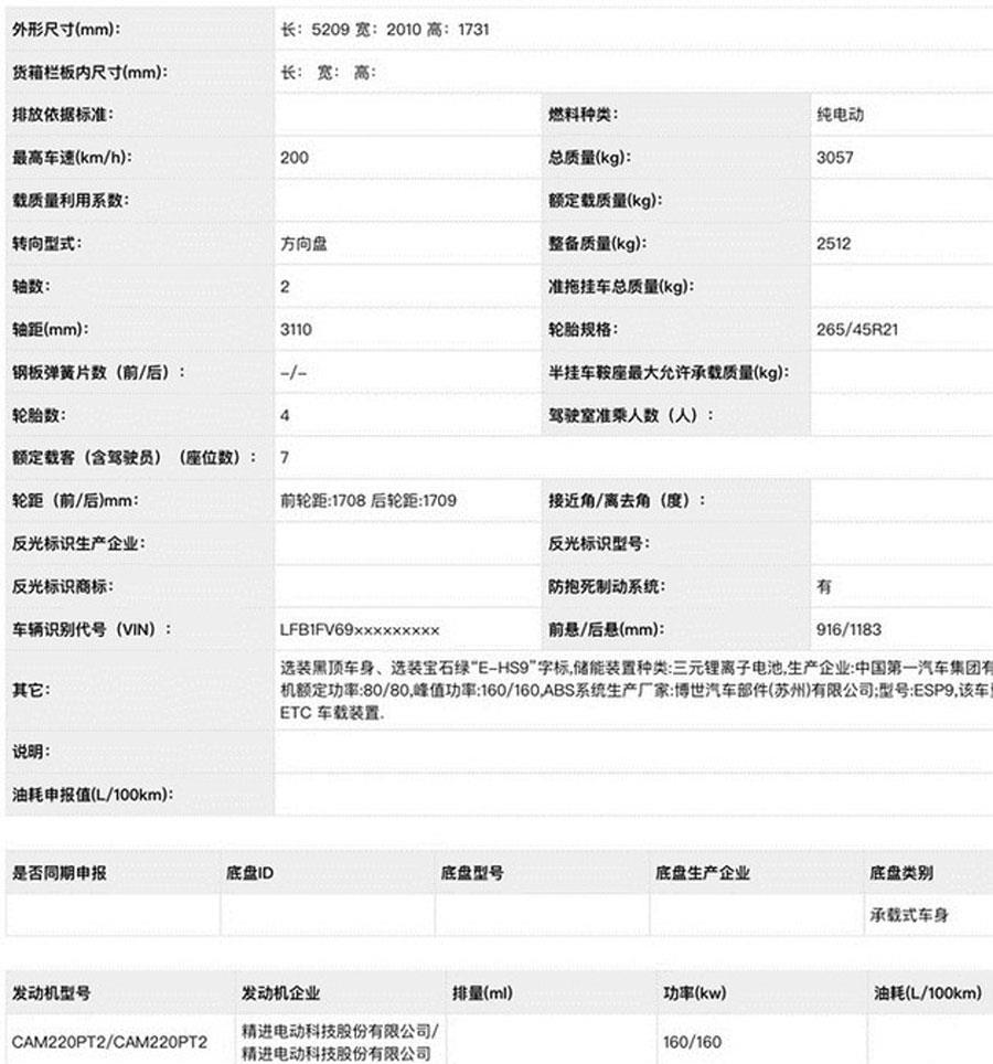 双色车身可选/续航超600km 红旗E-HS9申报图曝光