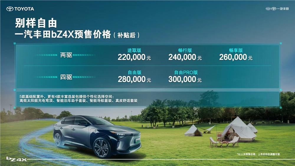 补贴后22万起 一汽丰田纯电SUV bZ4X开启预售