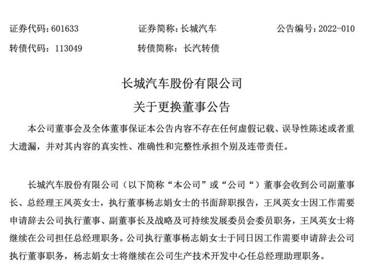 长城汽车有限公司关于更换董事的公告